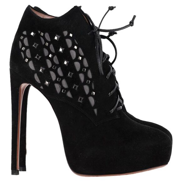 Alaïa Laser Cut Platform Ankle Boots in Black Suede